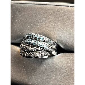 Diamond Ring, Sterling Silver Setting, Blue/Black Diamonds, size 5, rope design